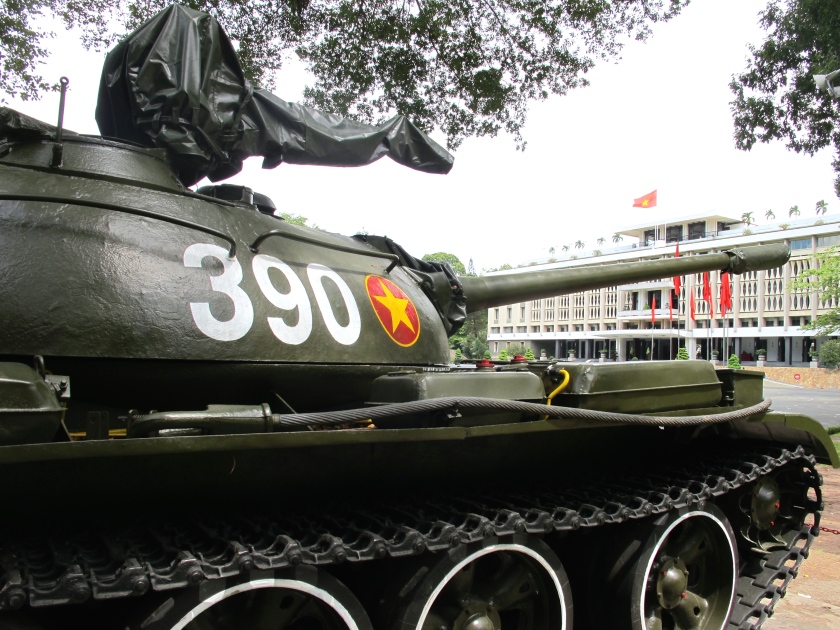 A replica of the tank used to break down the gates of the South Vietnamese presidential palace, standing in front of today's Reunification Palace in Saigon. (Photo by Nissa Rhee, June 2014)